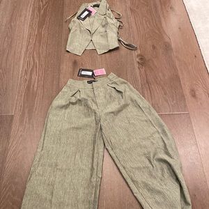 Loght khaki tailored high wide leg pants with sleevless wrap tie waistcoat
